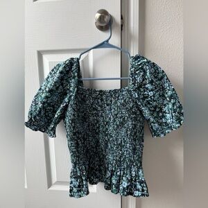 J. Crew Women's Blue Floral Short Sleeve Cotton Poplin Smocked Blouse, Size XS